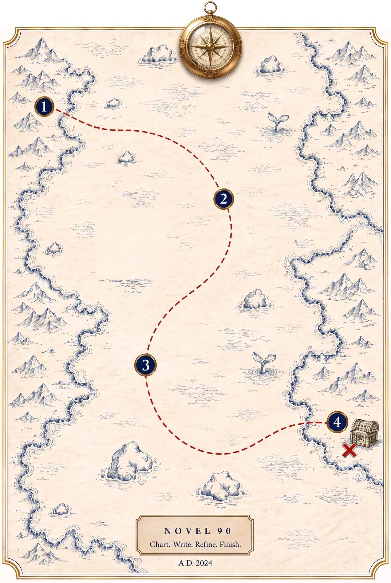 A parchment sea chart with a dashed route from point 1 to a treasure chest at point 4.